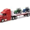 Peterbilt 387 Flatbed With Farm Tractors, Red - New Ray 10283A - 1/32 Scale Diecast Replica