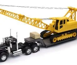 Kenworth W900 Lowboy W/Crane, Orange - New Ray 11293E - 1/32 Scale Model Replica