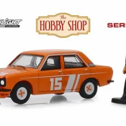 1970 Datsun 510 4-Door Sedan With Race Car Driver, Orange - Greenlight 97070D/48 - 1/64 Diecast Car