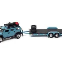 Johnny Lightning 2004 Hummer H2 With Open Car Trailer, Custom Ocean- JLSP202/24B - 1/64 Scale Diecast Model Toy Car
